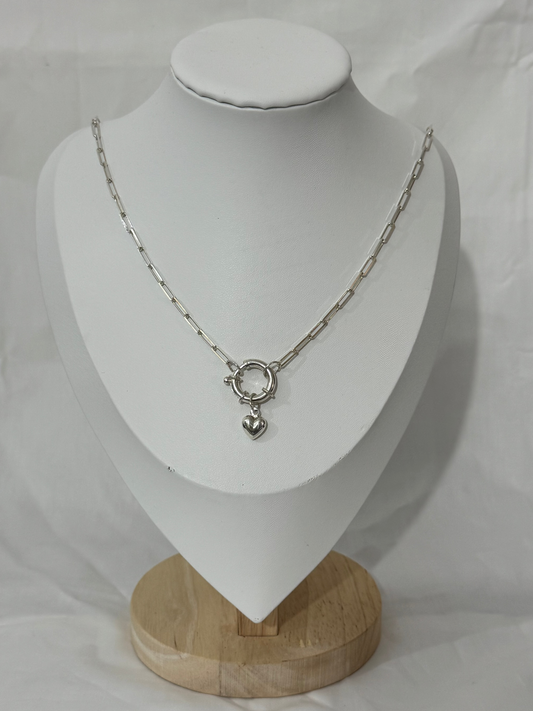 Silver Heart Spring Clasp Necklace